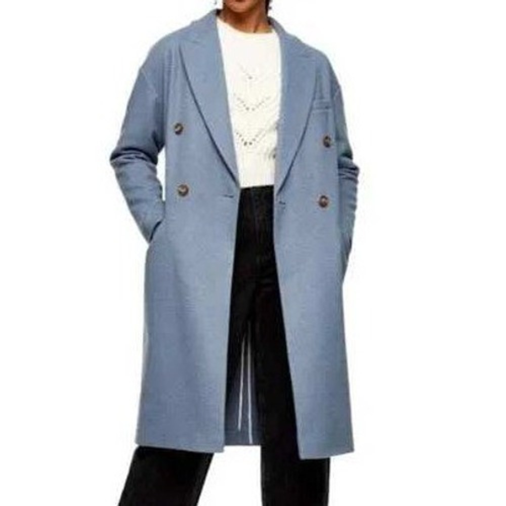 TOPSHOP‎ Brooke Double Breasted Dusty Blue Long Trench Coat Size 6